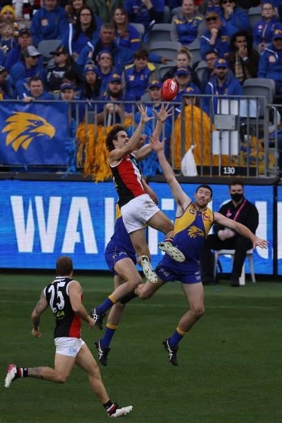 Max King of the Saints marks the ball against Jeremy McGovern of the Eagles during the round 19 AFL match between West Coast Eagles and St Kilda...