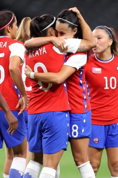 Karen Araya of Team Chile celebrates with teammate Camila Saez after scoring their side's first goal during the Women's First Round Group E match...