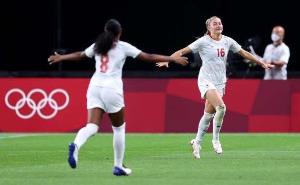 Janine Beckie of Team Canada celebrates after scoring their side's second goal during the Women's First Round Group E match between Chile and Canada...