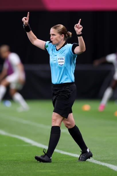Match Referee, Esther Staubli awards a penalty to Team Chile after a VAR review during the Women's First Round Group E match between Chile and Canada...