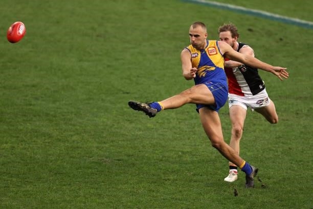 Dom Sheed of the Eagles kicks on goal during the round 19 AFL match between West Coast Eagles and St Kilda Saints at Optus Stadium on July 24, 2021...