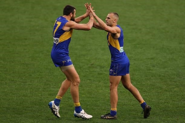 Josh J. Kennedy and Dom Sheed of the Eagles celebrate a goal during the round 19 AFL match between West Coast Eagles and St Kilda Saints at Optus...