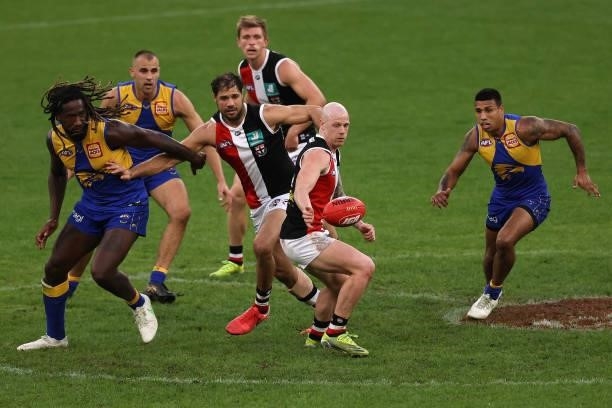 Zak Jones of the Saints in action during the round 19 AFL match between West Coast Eagles and St Kilda Saints at Optus Stadium on July 24, 2021 in...