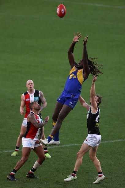 Nic Naitanui of the Eagles sets for a mark during the round 19 AFL match between West Coast Eagles and St Kilda Saints at Optus Stadium on July 24,...