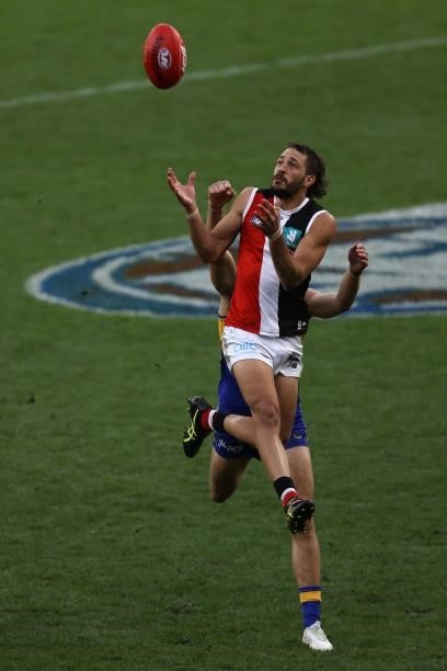 Ben Long of the Saints marks the ball during the round 19 AFL match between West Coast Eagles and St Kilda Saints at Optus Stadium on July 24, 2021...