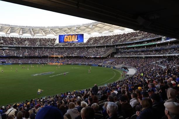 General view of play is seen during the round 19 AFL match between West Coast Eagles and St Kilda Saints at Optus Stadium on July 24, 2021 in Perth,...
