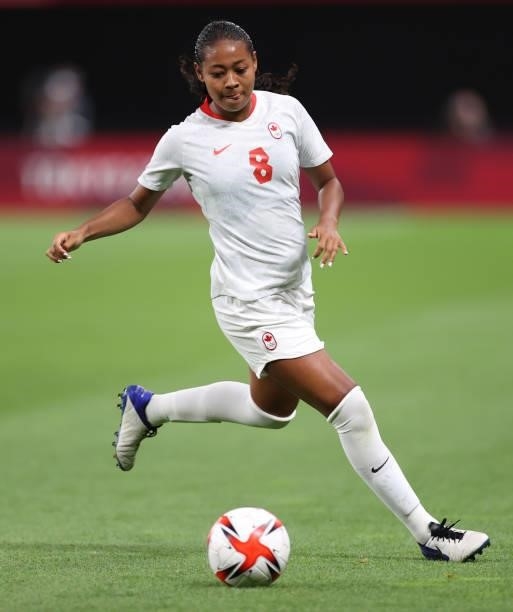 Jayde Riviere of Team Canada on the ball during the Women's First Round Group E match between Chile and Canada on day one of the Tokyo 2020 Olympic...
