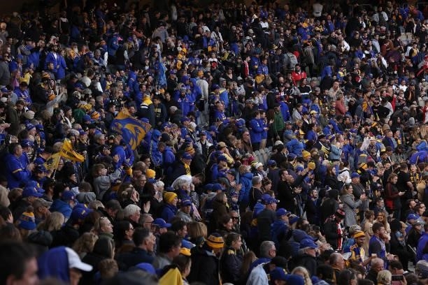 Spectators enjoy the atmosphere during the round 19 AFL match between West Coast Eagles and St Kilda Saints at Optus Stadium on July 24, 2021 in...