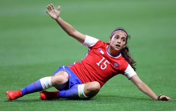 Daniela Zamora of Team Chile reacts during the Women's First Round Group E match between Chile and Canada on day one of the Tokyo 2020 Olympic Games...