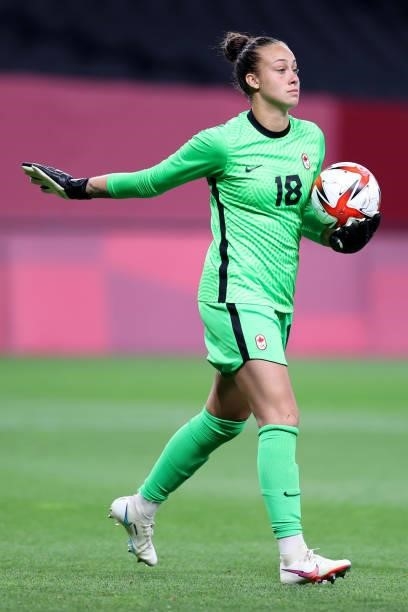 Kailen Sheridan of Team Canada gives instructions during the Women's First Round Group E match between Chile and Canada on day one of the Tokyo 2020...