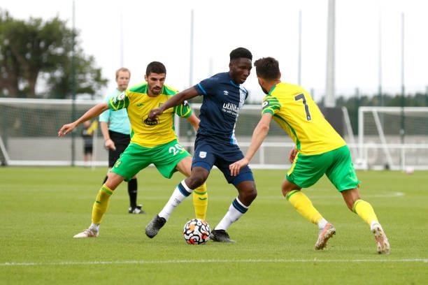 Brahima Diarra of Huddersfield Town is challengeged by Norwich City players during the game between Norwich City and Huddersfield Town on July 23,...