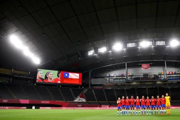 General view of the empty seats inside the stadium as players of Team Chile stand for the national anthem prior to the Women's First Round Group E...