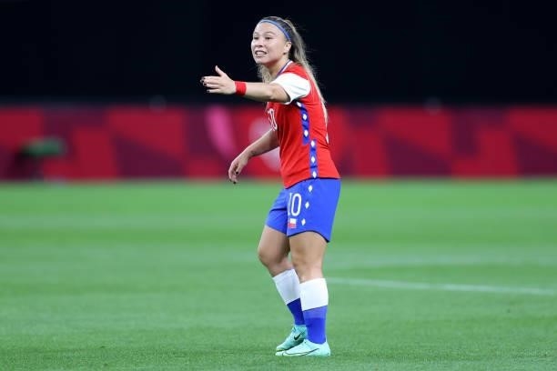 Yanara Aedo of Team Chile reacts during the Women's First Round Group E match between Chile and Canada on day one of the Tokyo 2020 Olympic Games at...