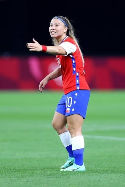 Yanara Aedo of Team Chile reacts during the Women's First Round Group E match between Chile and Canada on day one of the Tokyo 2020 Olympic Games at...