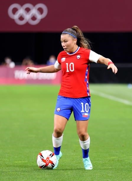 Yanara Aedo of Team Chile runs with the ball during the Women's First Round Group E match between Chile and Canada on day one of the Tokyo 2020...