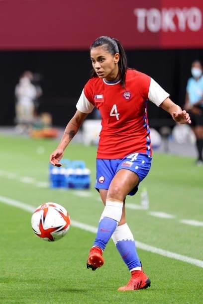 Francisca Lara of Team Chile passes the ball during the Women's First Round Group E match between Chile and Canada on day one of the Tokyo 2020...