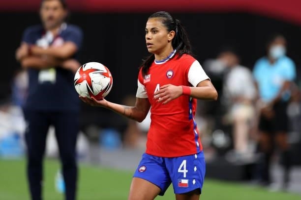 Francisca Lara of Team Chile prepares to take a throw in during the Women's First Round Group E match between Chile and Canada on day one of the...