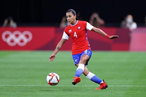 Francisca Lara of Team Chile passes the ball during the Women's First Round Group E match between Chile and Canada on day one of the Tokyo 2020...