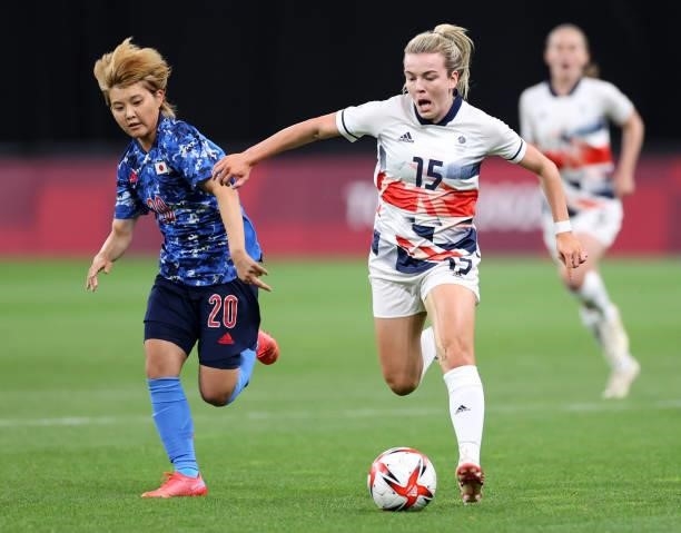 Lauren Hemp of Team Great Britain battles for possession with Honoka Hayashi of Team Japan during the Women's First Round Group E match between Japan...