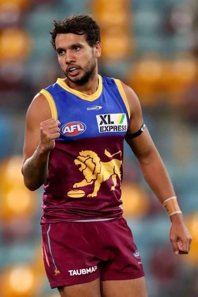 Callum Ah Chee of the Lions celebrates during the round 20 AFL match between Brisbane Lions and Gold Coast Suns at The Gabba on July 24, 2021 in...