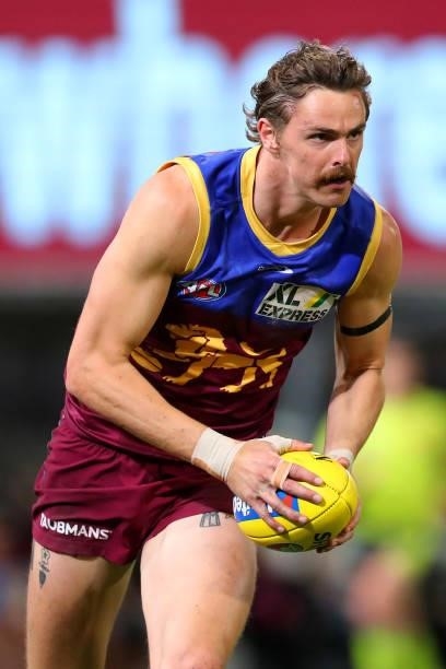 Joe Daniher of the Lions runs with the ball during the round 20 AFL match between Brisbane Lions and Gold Coast Suns at The Gabba on July 24, 2021 in...