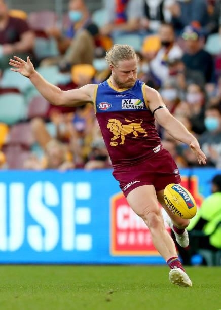 Daniel Rich of the Lions kicks the ball during the round 20 AFL match between Brisbane Lions and Gold Coast Suns at The Gabba on July 24, 2021 in...