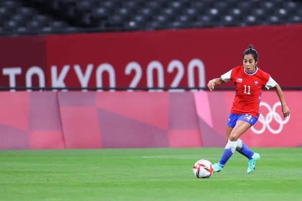 Yessenia Lopez of Team Chile on the ball during the Women's First Round Group E match between Chile and Canada on day one of the Tokyo 2020 Olympic...