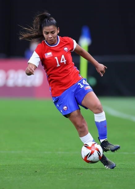 Daniela Pardo of Team Chile on the ball during the Women's First Round Group E match between Chile and Canada on day one of the Tokyo 2020 Olympic...
