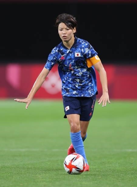 Saki Kumagai of Team Japan on the ball during the Women's First Round Group E match between Japan and Great Britain on day one of the Tokyo 2020...