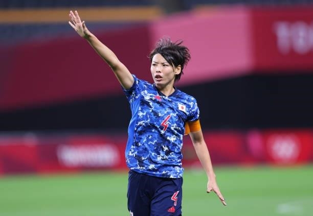 Saki Kumagai of Team Japan reacts during the Women's First Round Group E match between Japan and Great Britain on day one of the Tokyo 2020 Olympic...