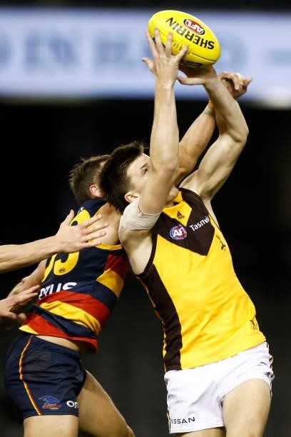 Mitch Lewis of the Hawks attempts to mark the ball during the round 20 AFL match between Adelaide Crows and Hawthorn Hawks at Marvel Stadium on July...