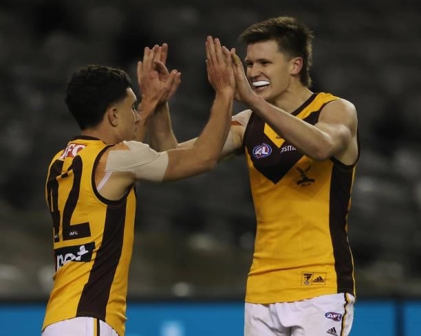 Tyler Brockman of the Hawks celebrates a goal during the round 20 AFL match between Adelaide Crows and Hawthorn Hawks at Marvel Stadium on July 24,...