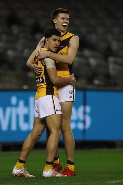 Tyler Brockman of the Hawks celebrates a goal during the round 20 AFL match between Adelaide Crows and Hawthorn Hawks at Marvel Stadium on July 24,...