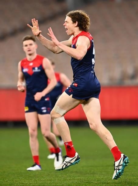 Ben Brown of the Demons celebrates kicking a goal during the round 20 AFL match between Melbourne Demons and Western Bulldogs at Melbourne Cricket...
