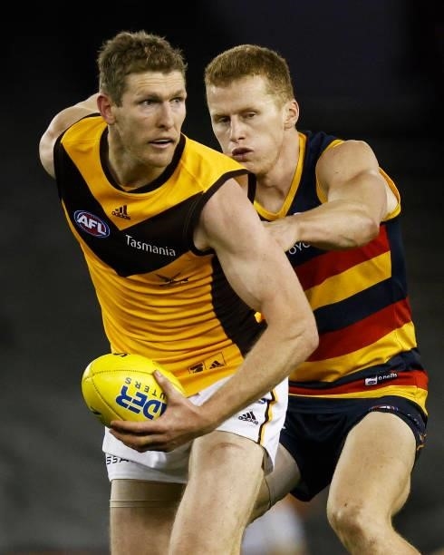 Ben McEvoy of the Hawks in action during the round 20 AFL match between Adelaide Crows and Hawthorn Hawks at Marvel Stadium on July 24, 2021 in...