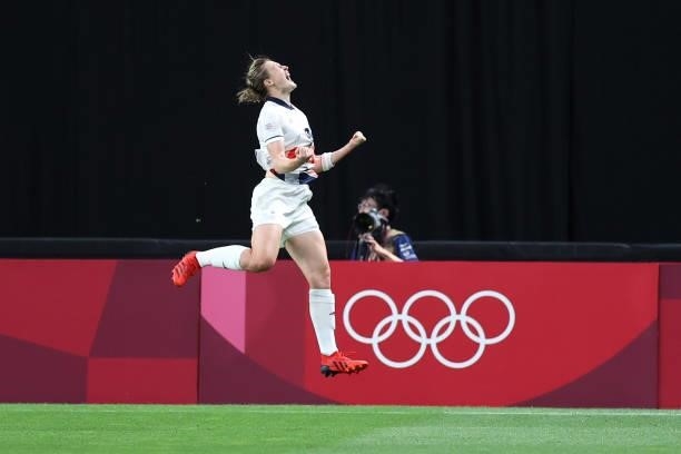 Ellen White of Team Great Britain celebrates after scoring their side's first goal during the Women's First Round Group E match between Japan and...
