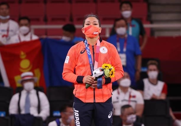 Silver medalist, Funa Tonaki of Team Japan poses with the silver medal for the Women’s Judo 48kg Final on day one of the Tokyo 2020 Olympic Games at...