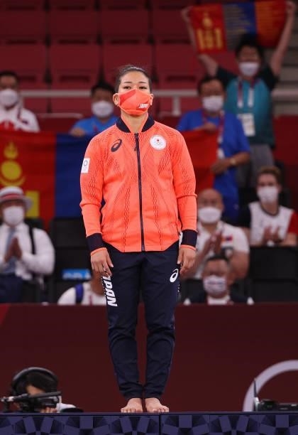 Silver medalist, Funa Tonaki of Team Japan stands on the podium for the Women’s Judo 48kg Final on day one of the Tokyo 2020 Olympic Games at Nippon...