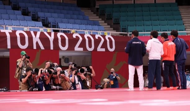 Photographers are seen at the Judo on day one of the Tokyo 2020 Olympic Games at Nippon Budokan on July 24, 2021 in Tokyo, Japan.