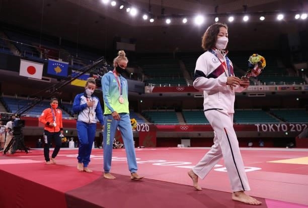 Silver medalist Funa Tonaki of Team Japan, gold medalist Distria Krasniqi of Team Kosovo , bronze medalist A, Daria Bilodid of Team Ukraine and...