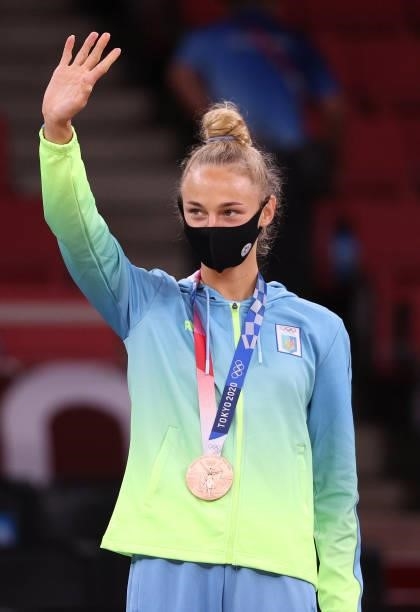Bronze medalist A, Daria Bilodid of Team Ukraine poses on the podium for the Women’s Judo 48kg Contest for Bronze Medal A, on day one of the Tokyo...