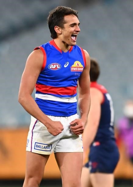 Jamarra Ugle-Hagan of the Bulldogs celebrates kicking a goal during the round 20 AFL match between Melbourne Demons and Western Bulldogs at Melbourne...