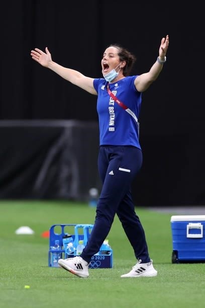 Hege Riise, Head Coach of Team Great Britain reacts during the Women's First Round Group E match between Japan and Great Britain on day one of the...