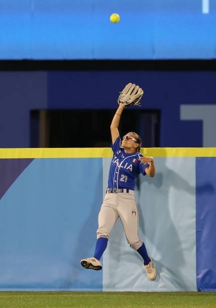 Laura Vigna of Team Italy makes a catch in the fourth inning against Team Japan during the Softball Opening Round on day one of the Tokyo 2020...