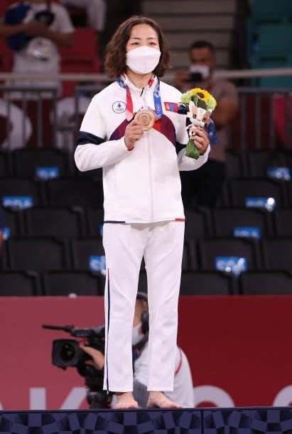 Bronze medallist B, Urantsetseg Munkhbat of Team Mongolia is seen on the podium for the Women’s Judo 48kg Contest for Bronze Medal B, on day one of...