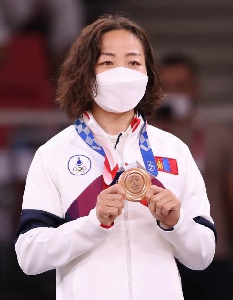 Bronze medallist B, Urantsetseg Munkhbat of Team Mongolia is seen on the podium for the Women’s Judo 48kg Contest for Bronze Medal B, on day one of...