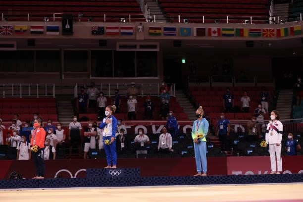 Silver medalist Funa Tonaki of Team Japan, gold medalist Distria Krasniqi of Team Kosovo , bronze medalist A, Daria Bilodid of Team Ukraine and...