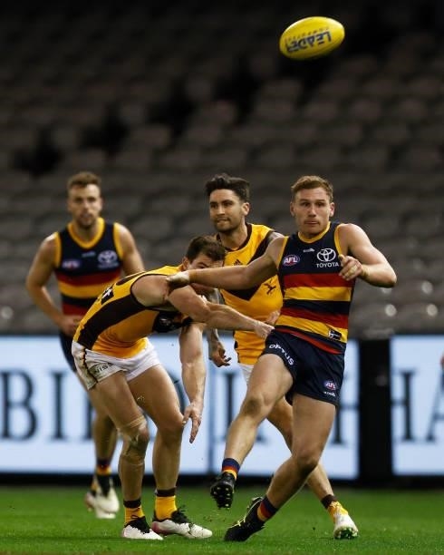 Rory Laird of the Crows kicks the ball during the round 20 AFL match between Adelaide Crows and Hawthorn Hawks at Marvel Stadium on July 24, 2021 in...