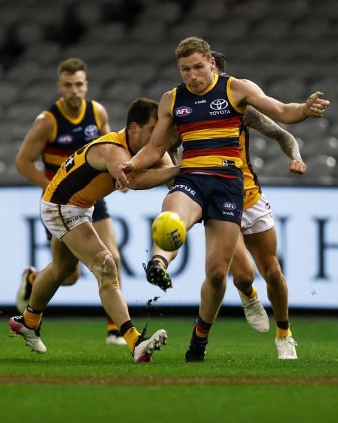 Rory Laird of the Crows kicks the ball during the round 20 AFL match between Adelaide Crows and Hawthorn Hawks at Marvel Stadium on July 24, 2021 in...