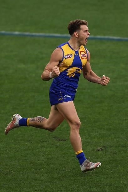 Zac Langdon of the Eagles celebrates a goal during the round 19 AFL match between West Coast Eagles and St Kilda Saints at Optus Stadium on July 24,...